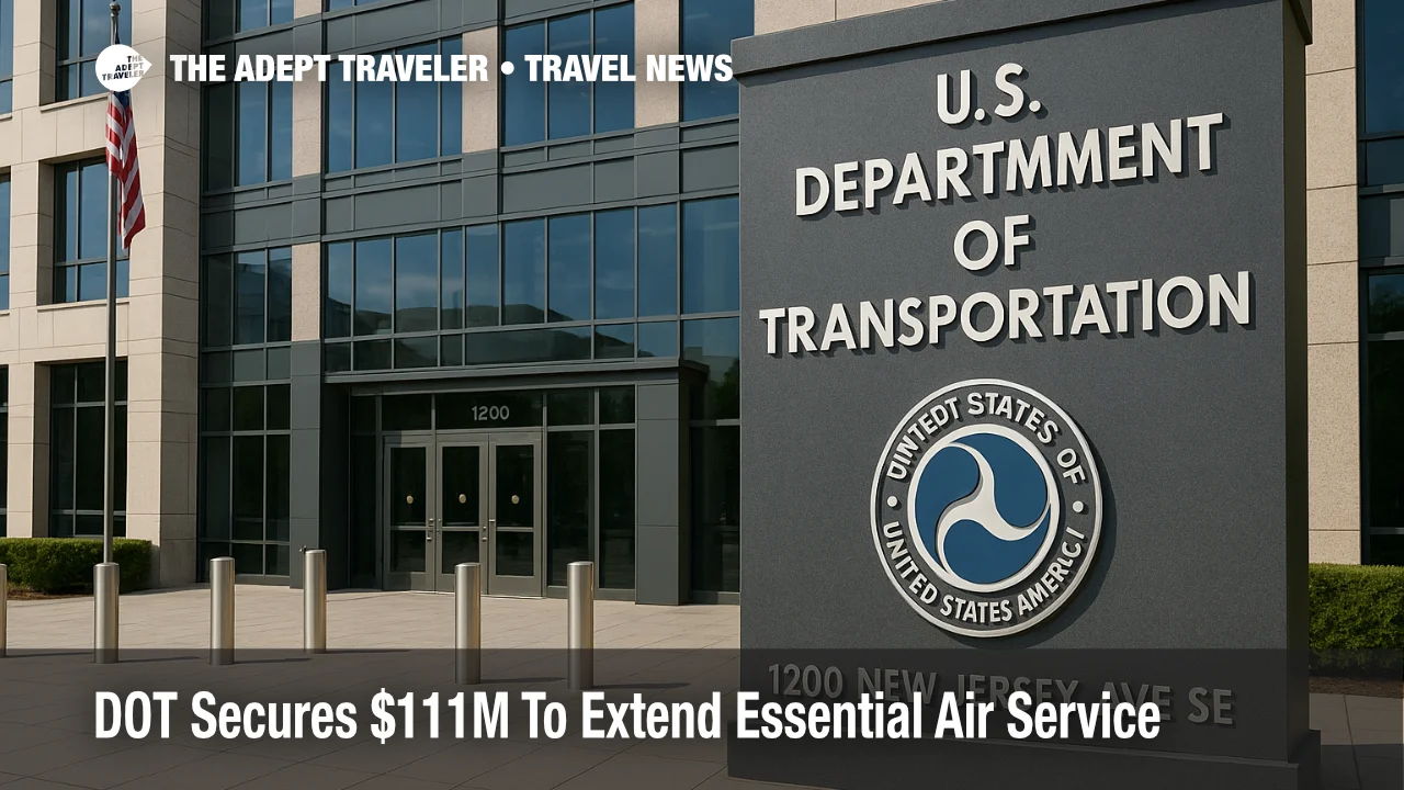 U.S. Department of Transportation headquarters entrance with signage about Essential Air Service funding during shutdown, clear morning