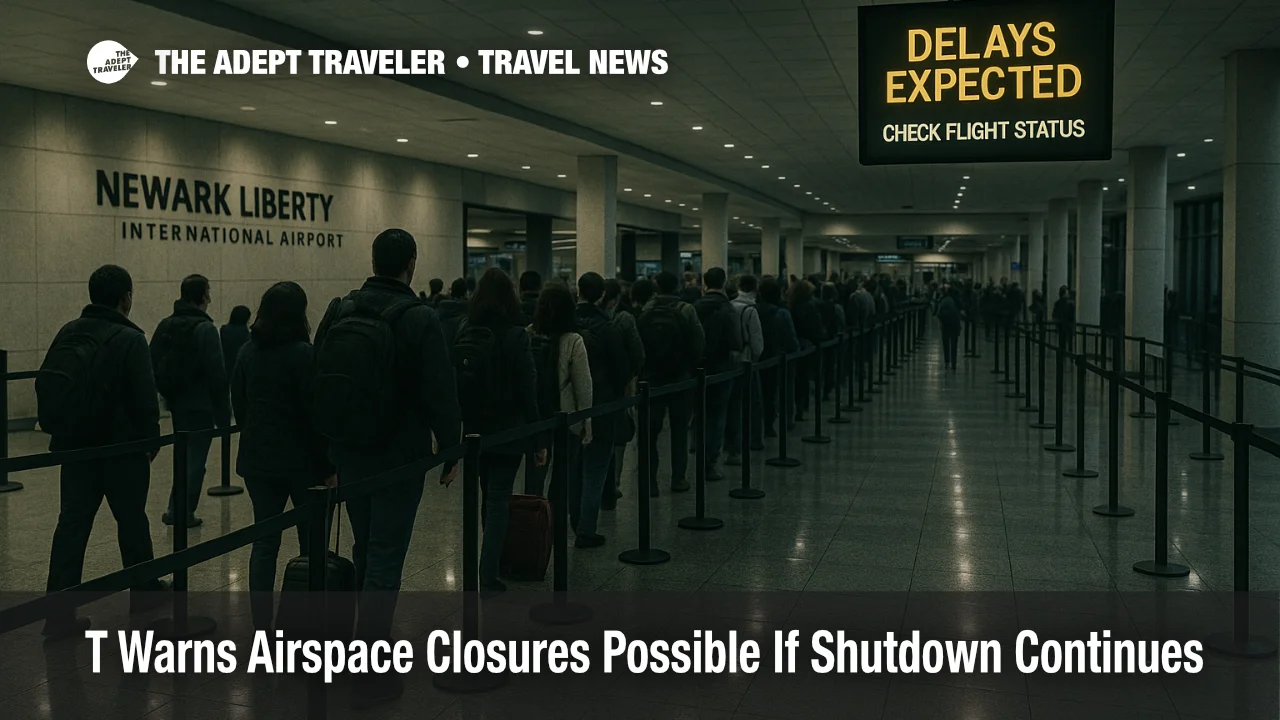 Long TSA line at Newark Liberty security with "Delays Expected" board during shutdown, reflecting ATC staffing shortages and warning travelers