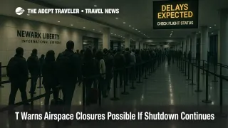 Long TSA line at Newark Liberty security with "Delays Expected" board during shutdown, reflecting ATC staffing shortages and warning travelers