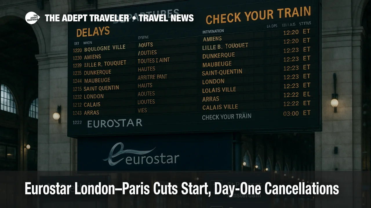 Eurostar warning at Paris Gare du Nord with departures board showing delays, cool overcast light, and branded wayfinding for London-Paris travelers