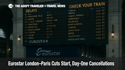 Eurostar warning at Paris Gare du Nord with departures board showing delays, cool overcast light, and branded wayfinding for London-Paris travelers