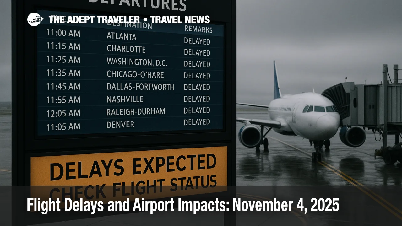 Departures board at Boston Logan under low clouds with "Delays Expected, Check Flight Status" signage, conveying today's airport impacts and flight delays