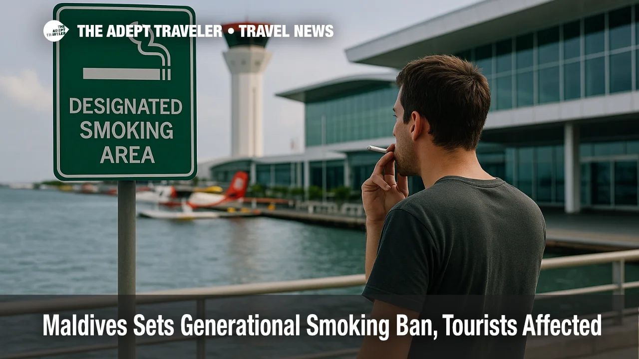 Man smoking in a designated area at Velana International Airport, Maldives, with control tower and seaplanes visible, under smoking ban policy