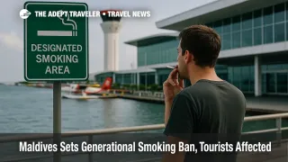 Man smoking in a designated area at Velana International Airport, Maldives, with control tower and seaplanes visible, under smoking ban policy