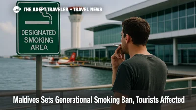 Man smoking in a designated area at Velana International Airport, Maldives, with control tower and seaplanes visible, under smoking ban policy