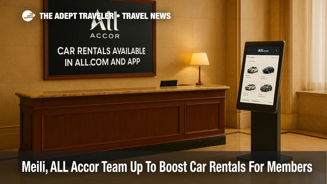ALL Accor lobby signage and kiosk show new car rental booking options through ALL.com and the app for loyalty members