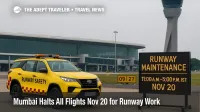 Mumbai airport runway and tower with an operations vehicle and sign noting Nov 20 maintenance, 11:00 a.m.-5:00 p.m. IST, during a bright overcast afternoon