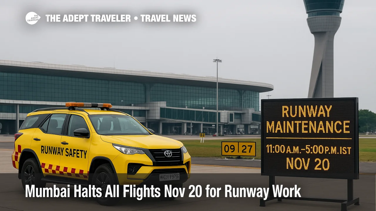 Mumbai airport runway and tower with an operations vehicle and sign noting Nov 20 maintenance, 11:00 a.m.-5:00 p.m. IST, during a bright overcast afternoon