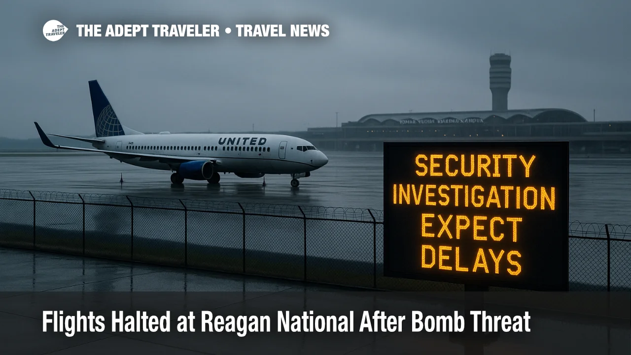 Overcast view of Reagan National ramp with isolated United jet and "Security Investigation, Expect Delays" board, illustrating bomb threat disruption