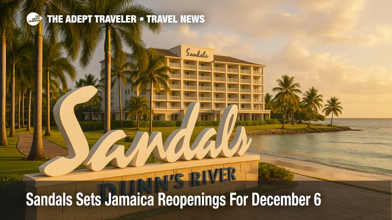Sandals Dunn's River entrance and beachfront at golden hour in Ocho Rios, showcasing resort signage during Jamaica reopening timeline