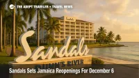 Sandals Dunn's River entrance and beachfront at golden hour in Ocho Rios, showcasing resort signage during Jamaica reopening timeline
