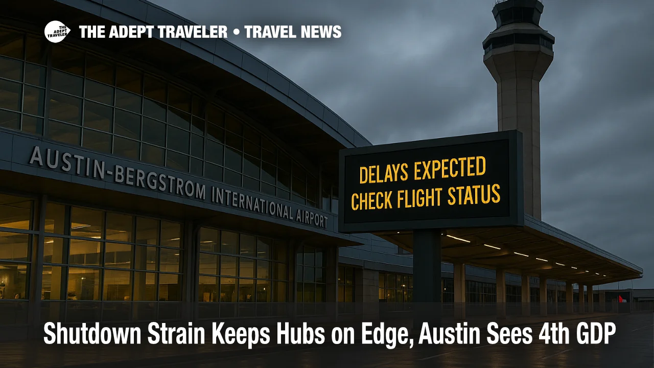 Austin-Bergstrom control tower and terminal at dusk with "Delays Expected" signage during shutdown-related FAA ground delay
