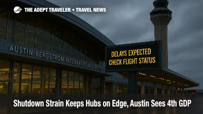 Austin-Bergstrom control tower and terminal at dusk with