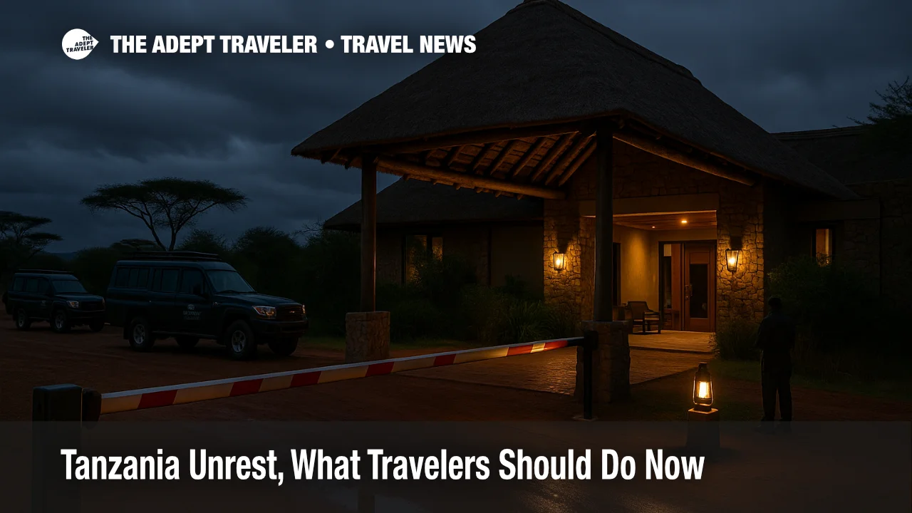Tanzania travel, safari lodge entrance at dusk with boom gate, two parked 4x4s, a lantern, and wet red-dirt drive under stormy skies
