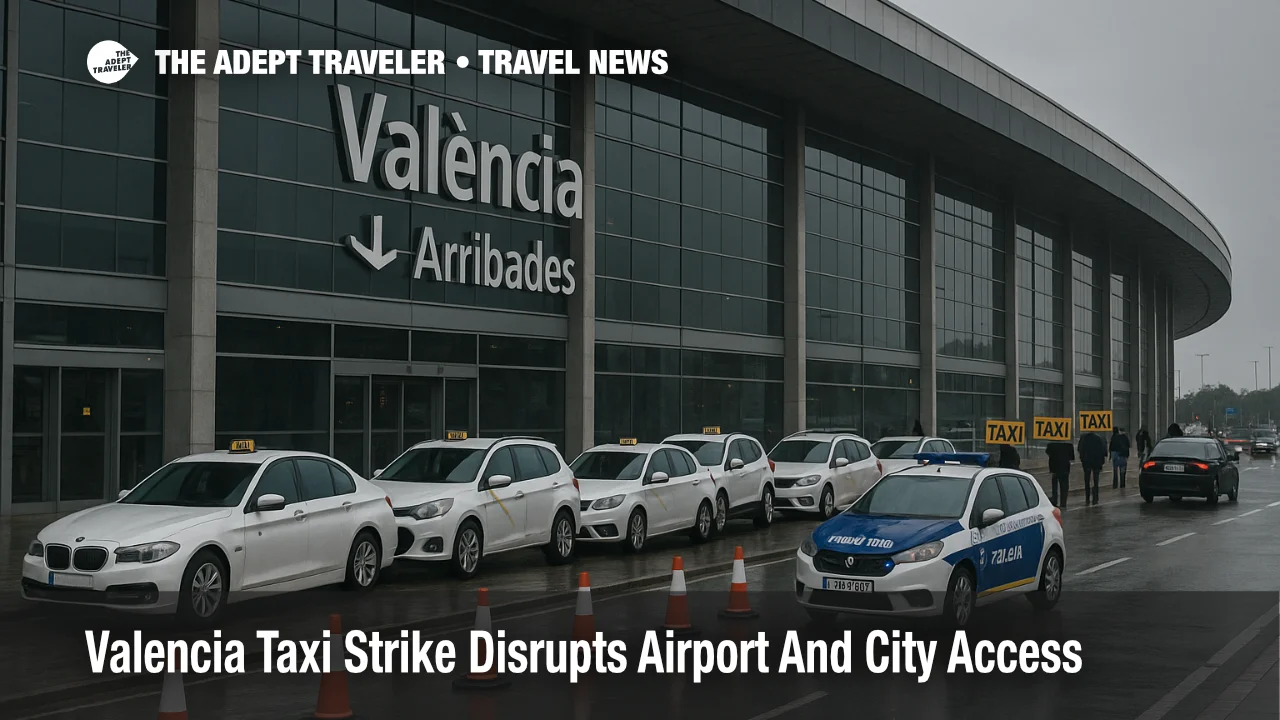 Small taxi queue and caution signage at Valencia Airport curb during a taxi strike, wet pavement and cones signaling service disruption and delays