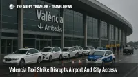 Small taxi queue and caution signage at Valencia Airport curb during a taxi strike, wet pavement and cones signaling service disruption and delays