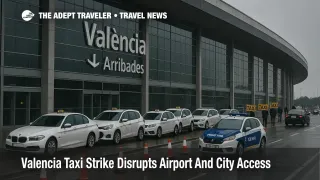 Small taxi queue and caution signage at Valencia Airport curb during a taxi strike, wet pavement and cones signaling service disruption and delays