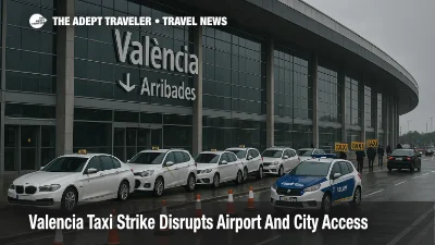 Small taxi queue and caution signage at Valencia Airport curb during a taxi strike, wet pavement and cones signaling service disruption and delays