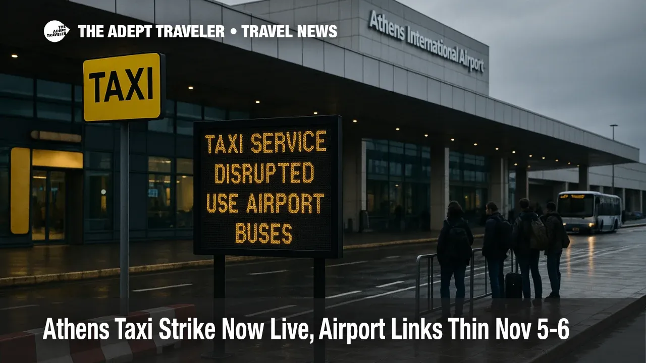 Overcast view of Athens International Airport taxi rank with "Taxi Service Disrupted" sign, small queue of travelers, buses recommended during Athens taxi strike