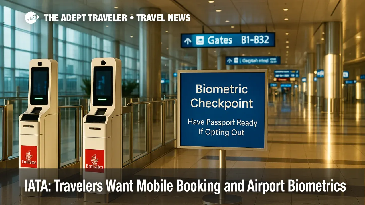 Emirates biometric e-gates at Dubai International Airport, operations signage indicating optional facial recognition for faster boarding and security