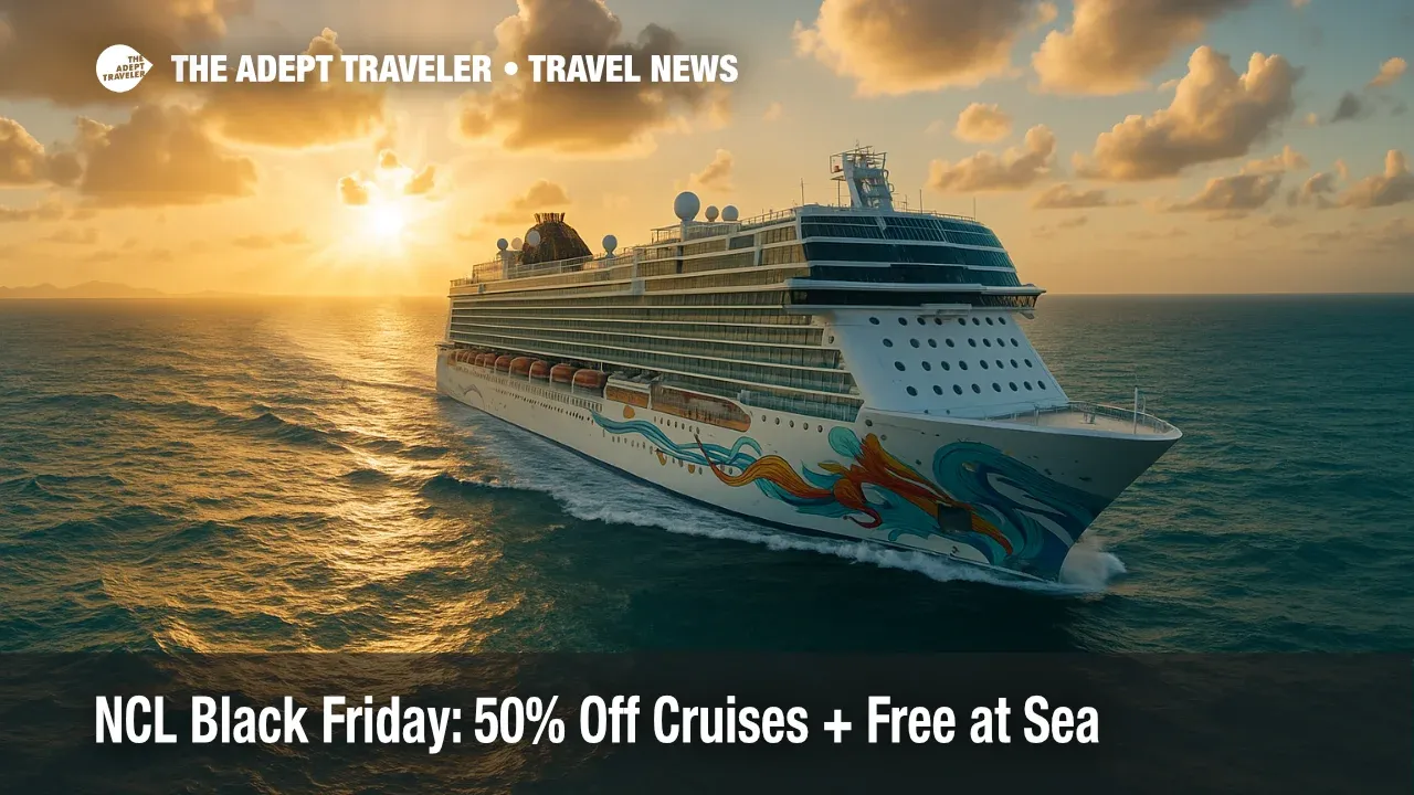 Norwegian Cruise Line ship at sea at sunset, golden light on waves, showcasing NCL Black Friday sale cruise getaway