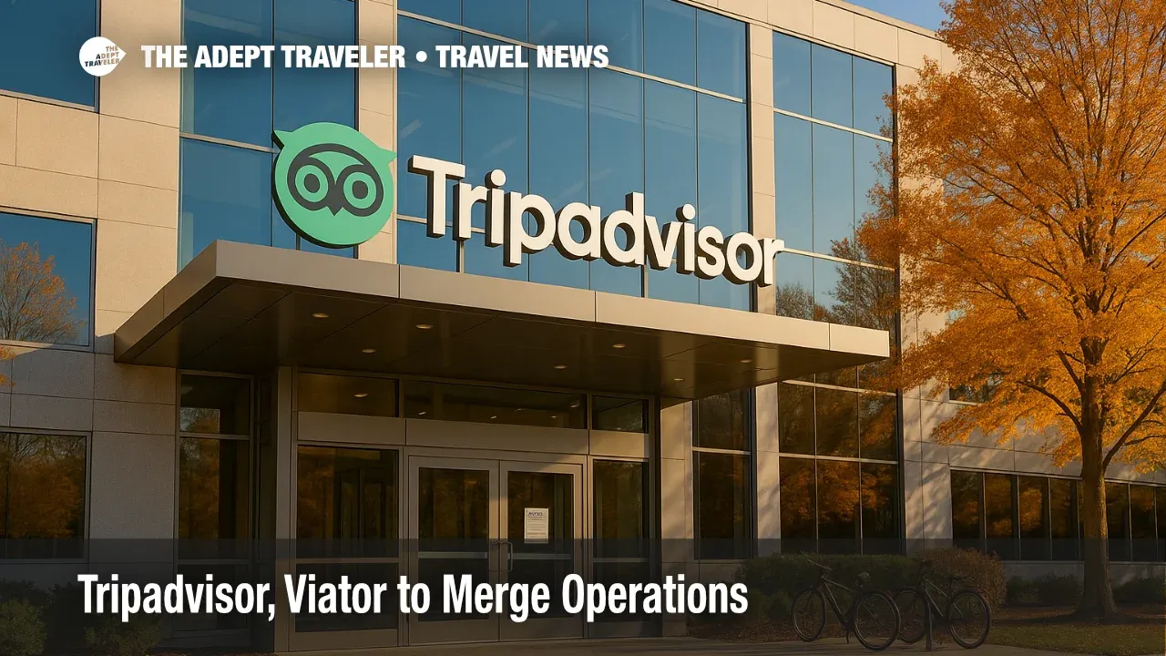 Exterior of Tripadvisor's Needham headquarters with logo signage and autumn campus walkway, illustrating the Tripadvisor and Viator operations merger and traveler impact