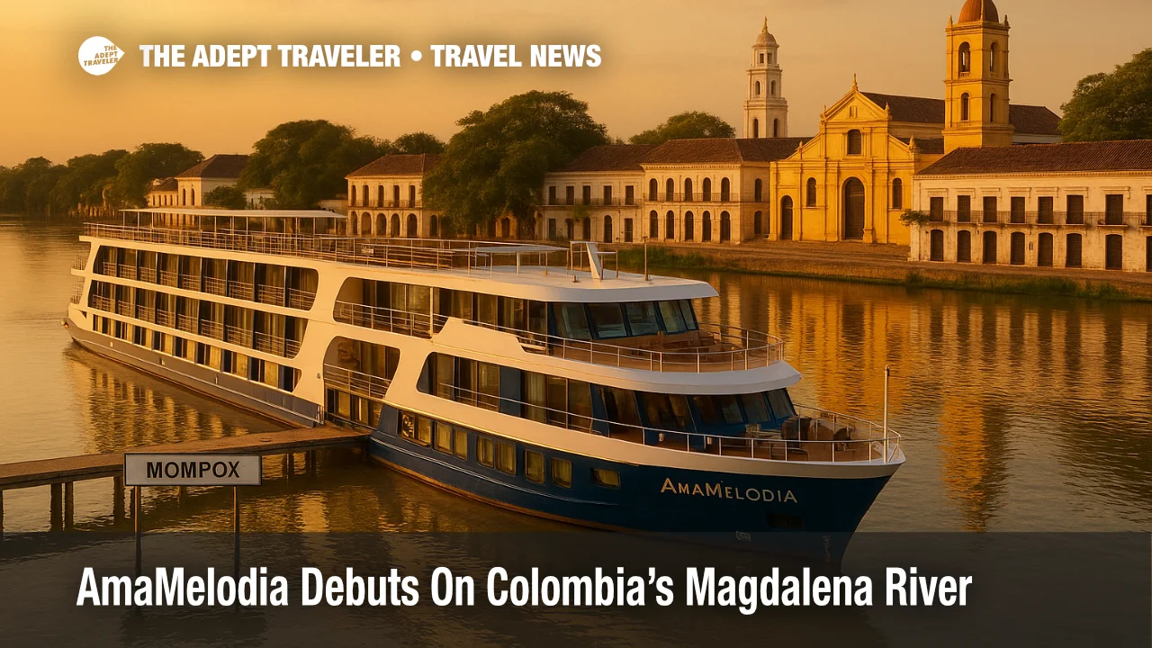 AmaWaterways' AmaMelodia alongside the Magdalena River at Mompox, Colombia, with colonial façades and calm water reflections highlighting the new ship and itinerary