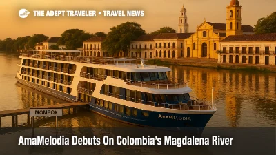 AmaWaterways' AmaMelodia alongside the Magdalena River at Mompox, Colombia, with colonial façades and calm water reflections highlighting the new ship and itinerary