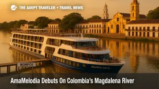 AmaWaterways' AmaMelodia alongside the Magdalena River at Mompox, Colombia, with colonial façades and calm water reflections highlighting the new ship and itinerary
