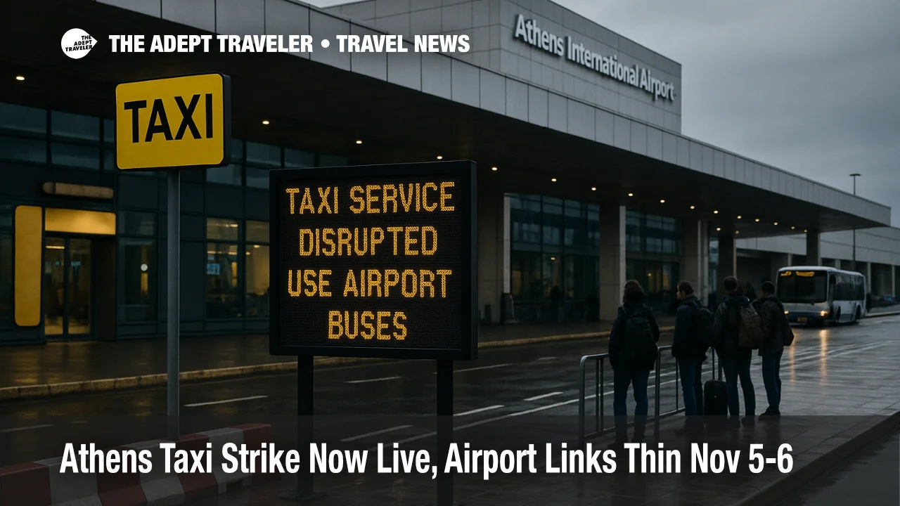 Overcast view of Athens International Airport taxi rank with "Taxi Service Disrupted" sign, small queue of travelers, buses recommended during Athens taxi strike