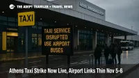 Overcast view of Athens International Airport taxi rank with 