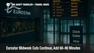 Eurostar check-in at London St Pancras with a departures board showing delays, visual cue to allow extra time for flight connections amid midweek cuts