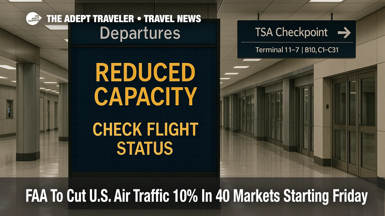 Departures board at Chicago O'Hare shows "Reduced Capacity, Check Flight Status" as FAA reduces air traffic by 10 percent