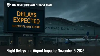 Wind and rain at SFO with a departures board reading Delays Expected, illustrating November 5 flight delays and airport impacts