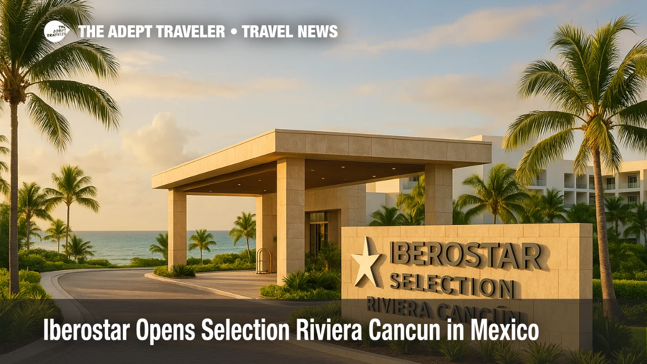 Iberostar Selection Riviera Cancun entrance with logo and palm-lined drive, warm late-day light and a glimpse of the Caribbean beyond, newly opened all-inclusive resort