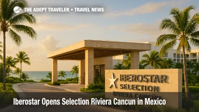 Iberostar Selection Riviera Cancun entrance with logo and palm-lined drive, warm late-day light and a glimpse of the Caribbean beyond, newly opened all-inclusive resort