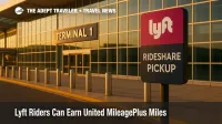 Lyft rideshare pickup sign at Chicago O'Hare Terminal 1, illustrating the new United MileagePlus miles-earning partnership on airport rides