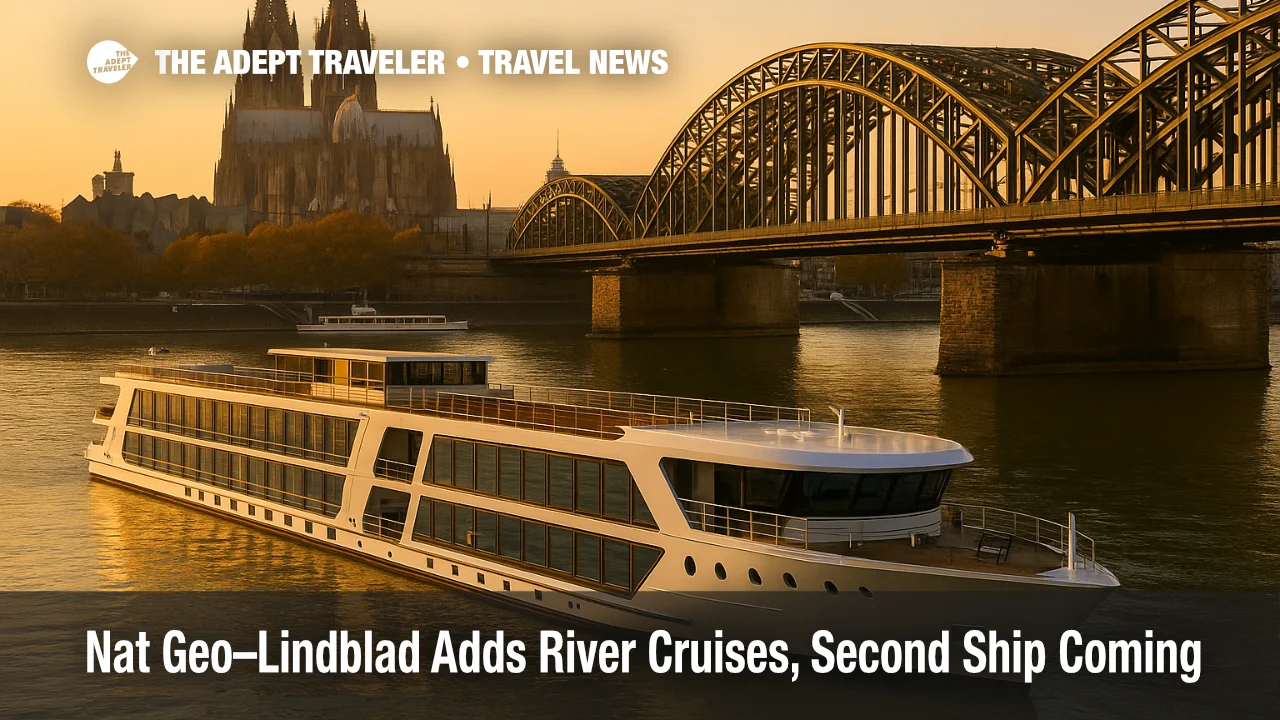 Modern river cruise ship docked on the Rhine near Cologne Cathedral at sunset, signaling National Geographic-Lindblad's Europe river cruise launch