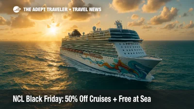 Norwegian Cruise Line ship at sea at sunset, golden light on waves, showcasing NCL Black Friday sale cruise getaway