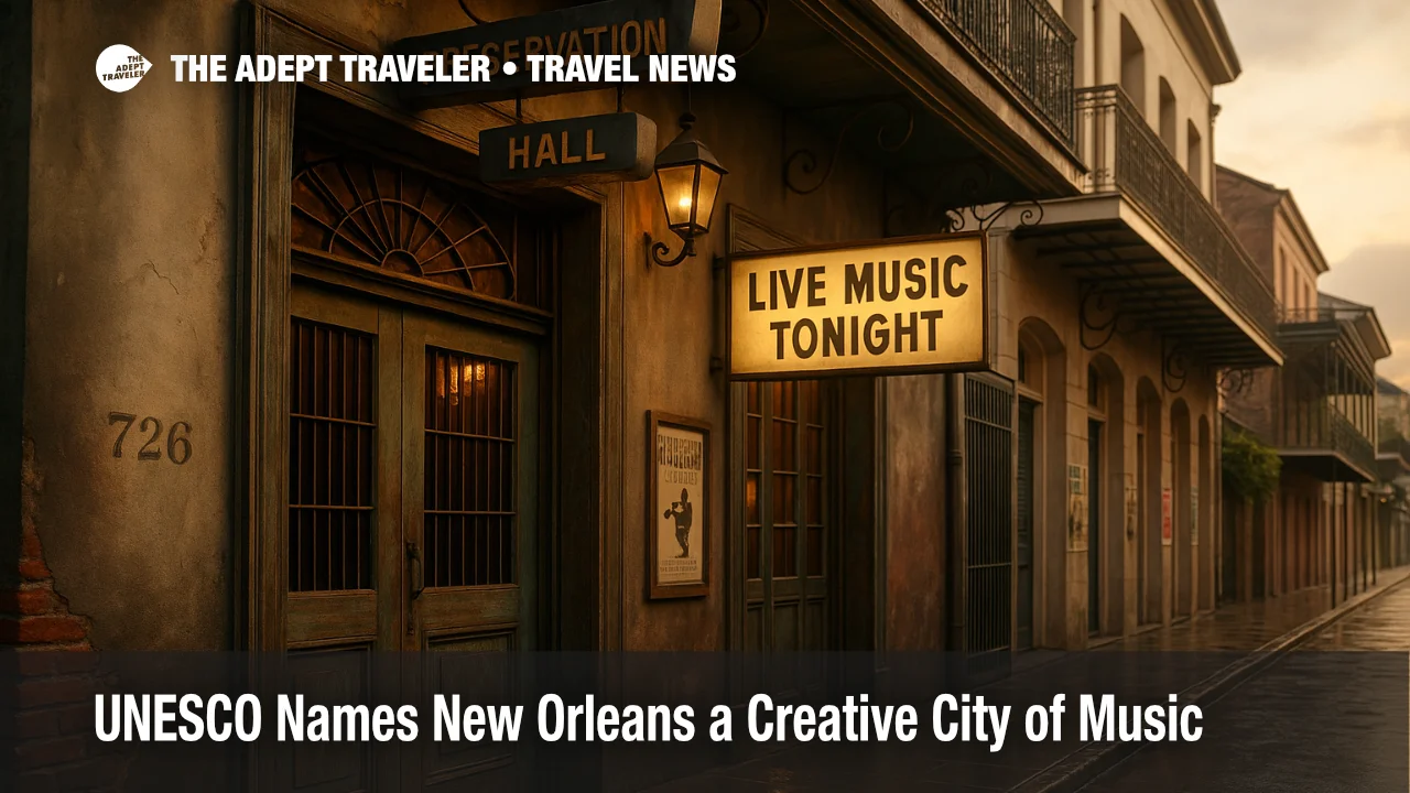 Warm late afternoon view of Preservation Hall in the French Quarter with "Live Music Tonight" signage, marking New Orleans' UNESCO Creative City of Music status