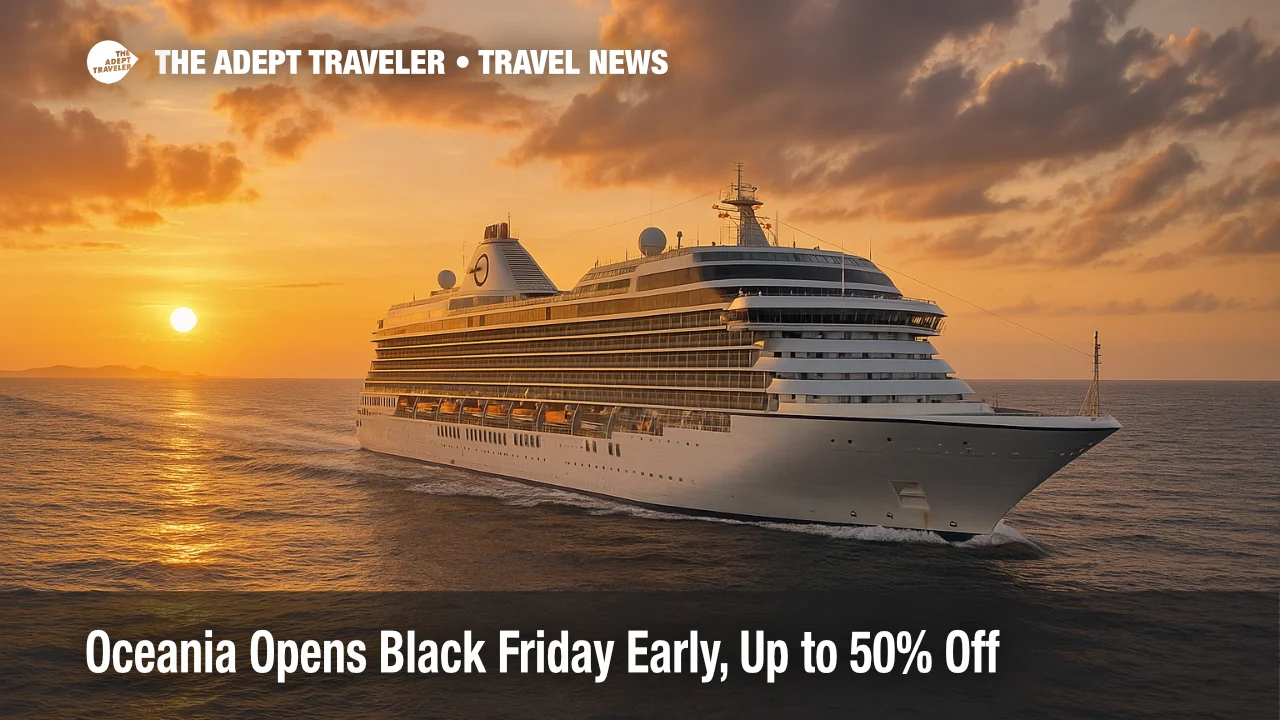 Oceania cruise ship alongside at PortMiami terminal with "Black Friday Early Access" signage visible during late-afternoon light