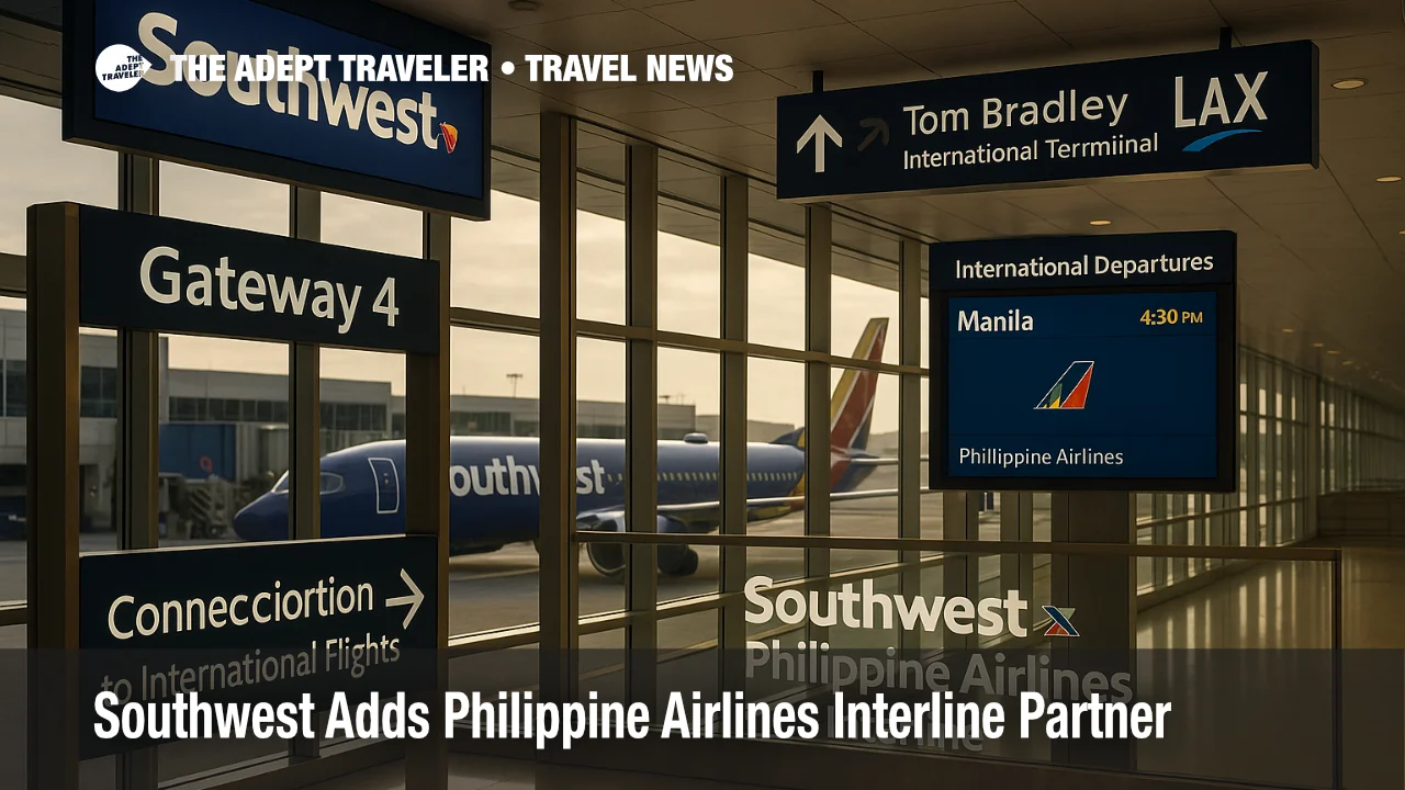Southwest gate area at LAX with signage pointing to Tom Bradley International Terminal and a Manila departure on the board, illustrating the new interline partnership