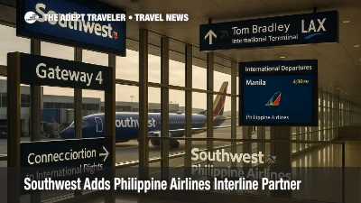 Southwest gate area at LAX with signage pointing to Tom Bradley International Terminal and a Manila departure on the board, illustrating the new interline partnership