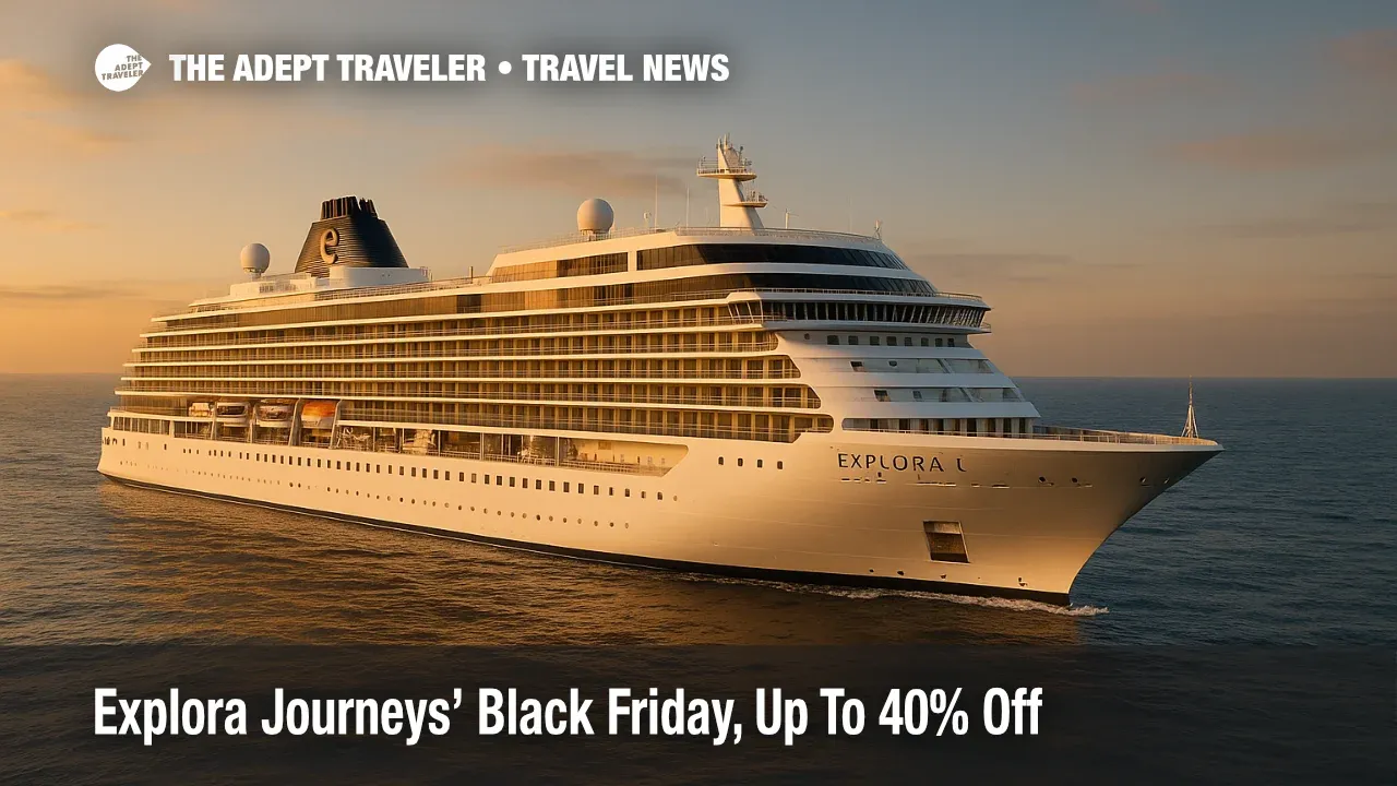 Explora I cruise ship underway at sea at golden hour, no land or port visible, for Explora Journeys Black Friday sale article