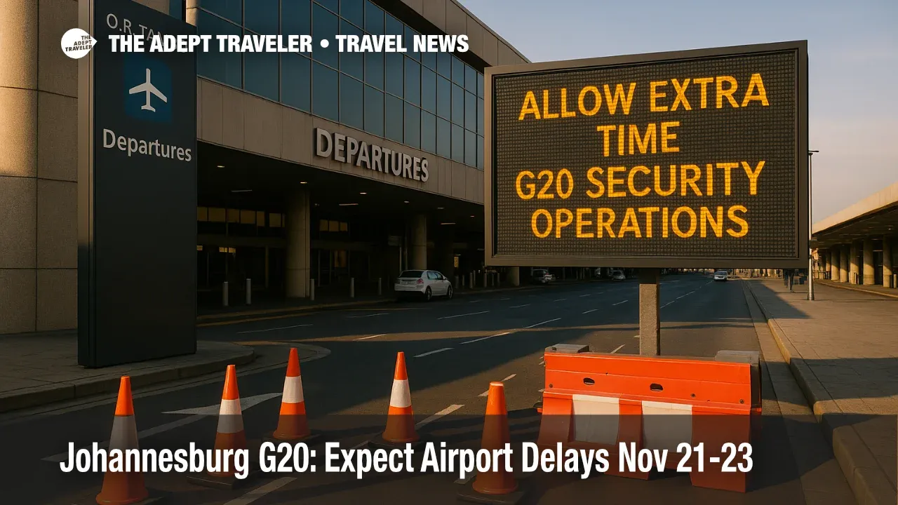 O. R. Tambo departures curb with cones and a "Allow Extra Time, G20 Security Operations" sign, signaling road closures and delays during Johannesburg's G20