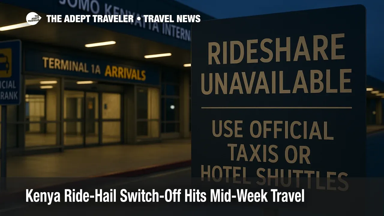 Nairobi JKIA arrivals curb with official taxi rank, realistic signage noting ride-hail unavailable, evening light and readable wayfinding, Kenya airport transfer