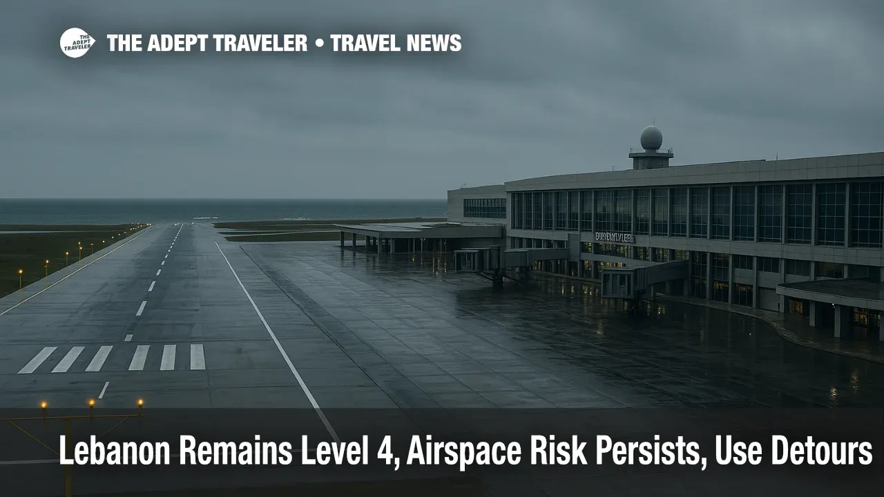 Overcast view of Beirut-Rafic Hariri International's coastal runway and terminal, highlighting sea-approach procedures amid Lebanon Level 4 advisory