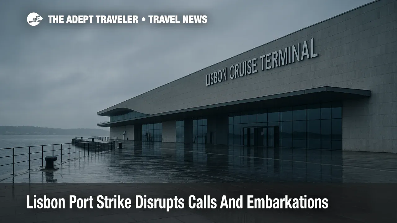 Overcast view of Lisbon Cruise Terminal with a berthed ship and a sign reading Operations Disrupted, illustrating the Lisbon port strike's travel impact