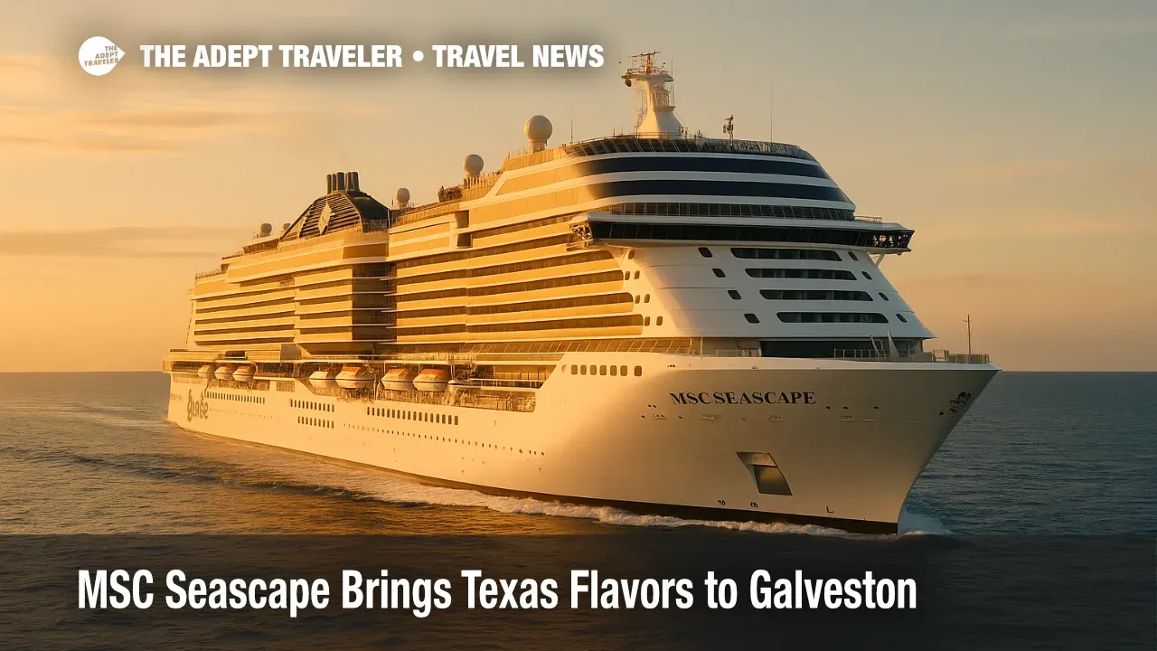 MSC Seascape cruising at sea at sunset, forward bow view with wake on calm water beneath a pastel sky, no shoreline or port signage
