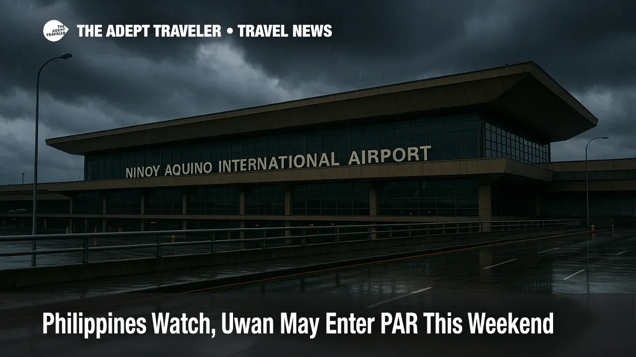 Stormy evening at Ninoy Aquino International Airport (MNL), wet pavement and dark clouds as Uwan may enter PAR this weekend